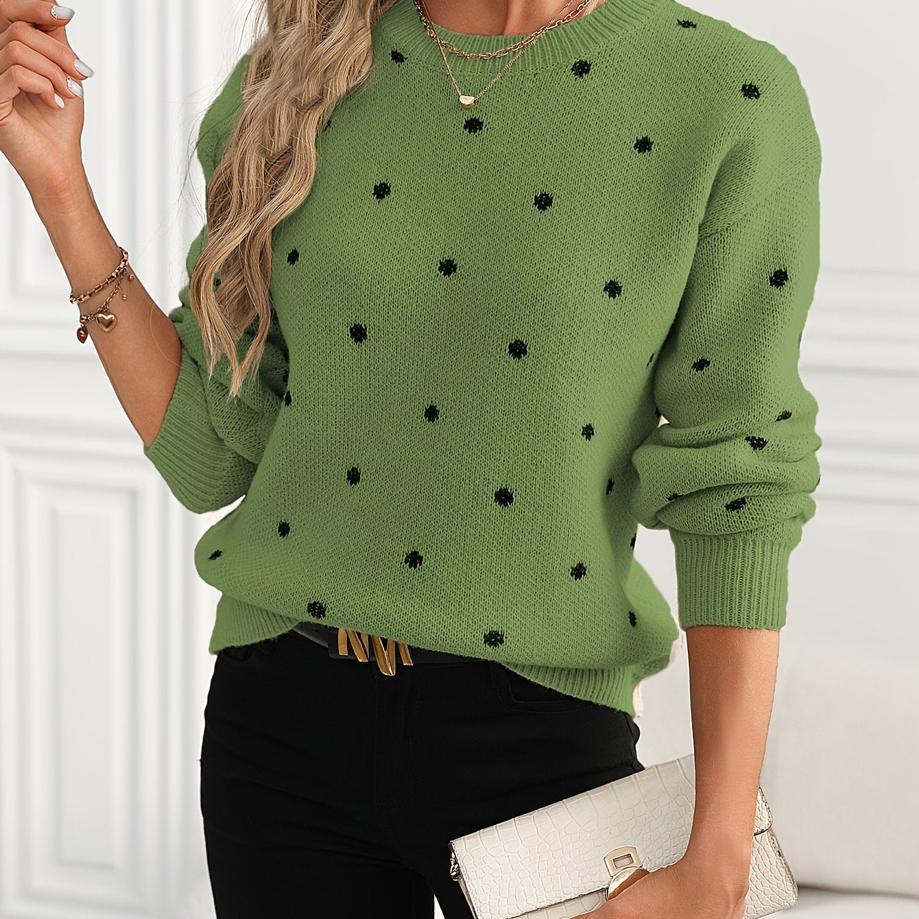 Polka Dot Pattern Knit Sweater, Casual Long Sleeve Crew Neck Sweater, Women's Clothing