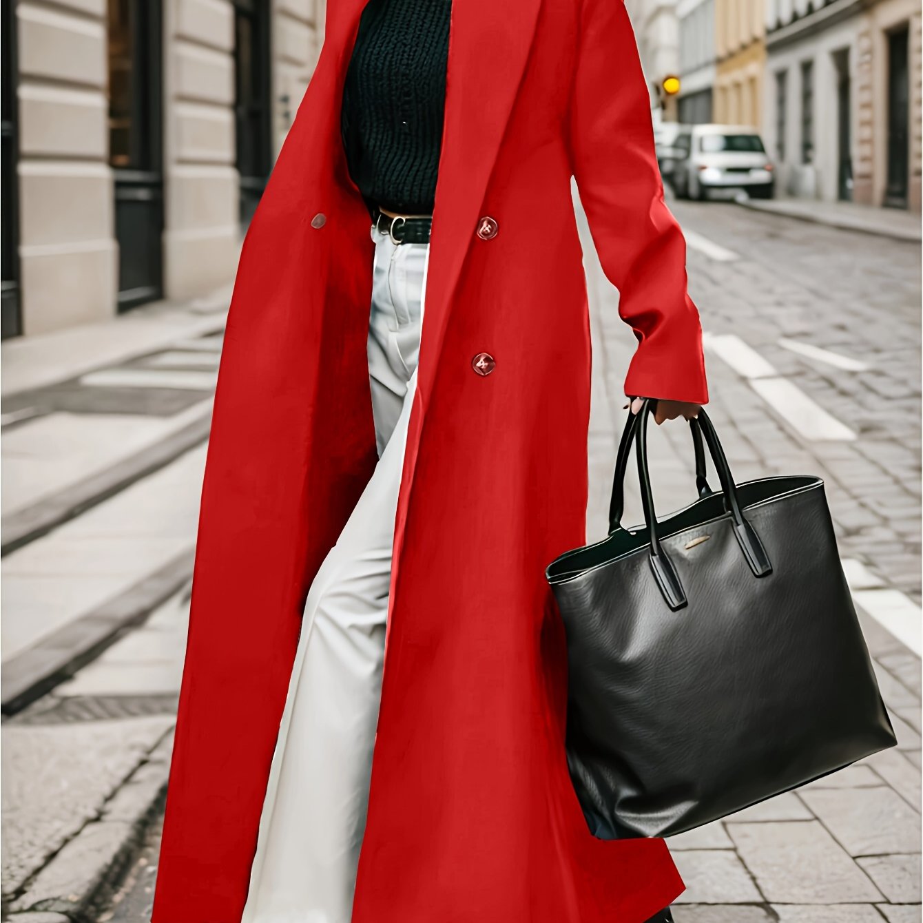 [Double-Breasted] Women's Long Coat - Chic Green Double-Breasted Trench with Large Buttons, Long Sleeves, and Side Pockets - Elegant Style for Fall/Winter Fashion