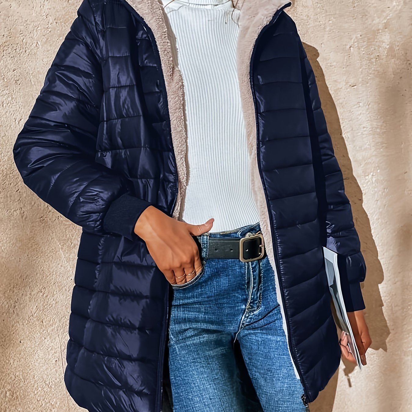 Long Sleeve Fleece Lined Zip Up Coat, Casual Fabric-padded Women's Clothing