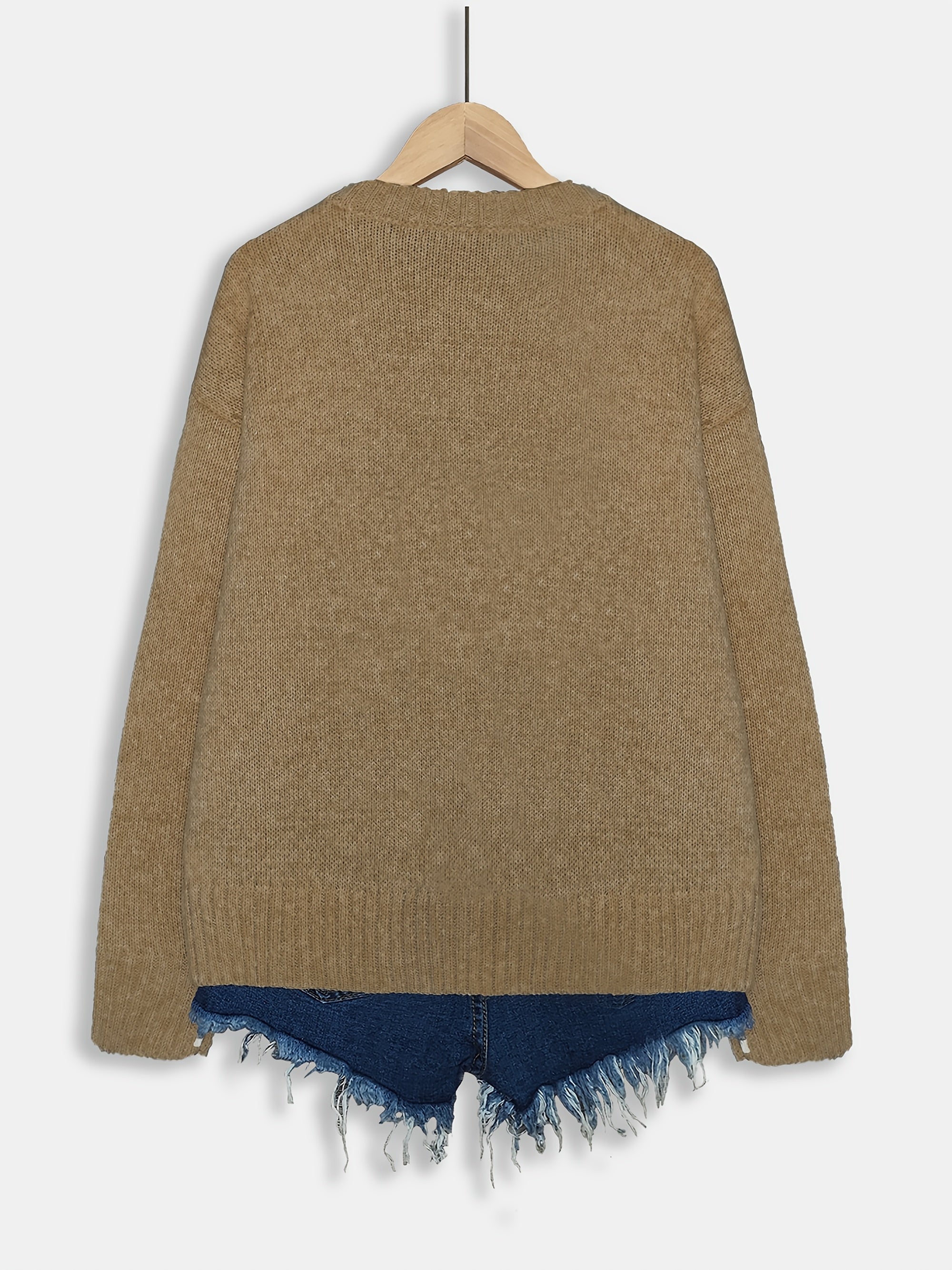 Women's Casual Rabbit Print Color-Block Round Neck Pullover Sweater - Light Blue & White Contrast, Medium Stretch Cozy Fall Winter Knit Top, Relaxed Fit Clothing | Soft Texture Apparel