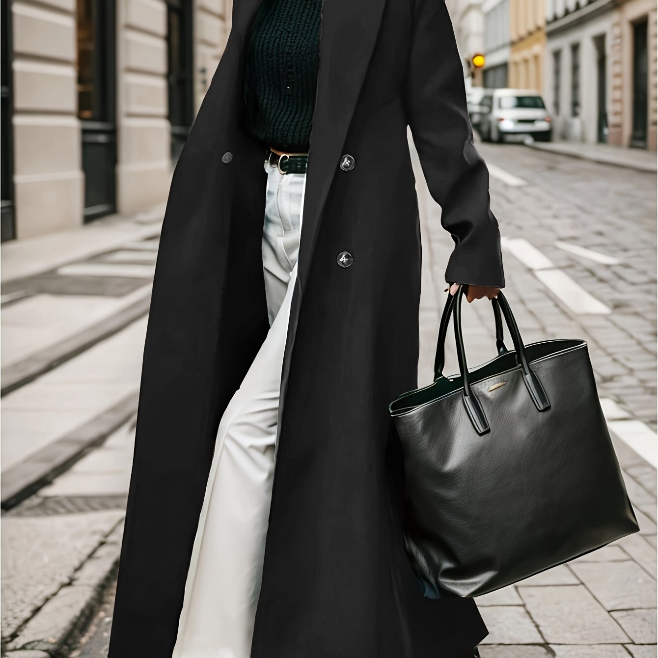 [Double-Breasted] Women's Long Coat - Chic Green Double-Breasted Trench with Large Buttons, Long Sleeves, and Side Pockets - Elegant Style for Fall/Winter Fashion