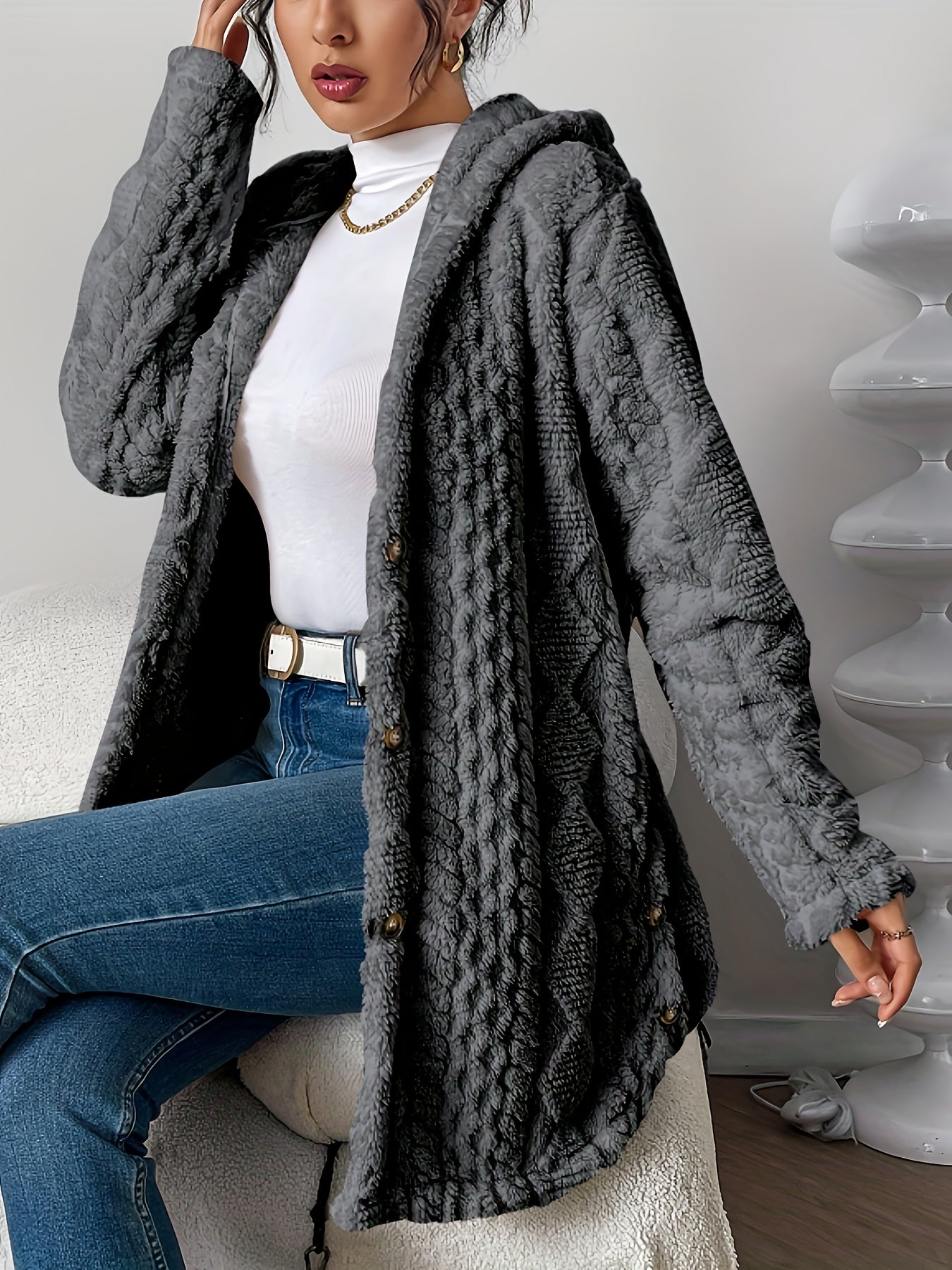 Elegant Beige Quilted Faux Fur Hooded Cardigan - Cozy Long Sleeve, Button Front Outerwear with Diamond Pattern, Perfect for Fall/Winter, Machine Washable