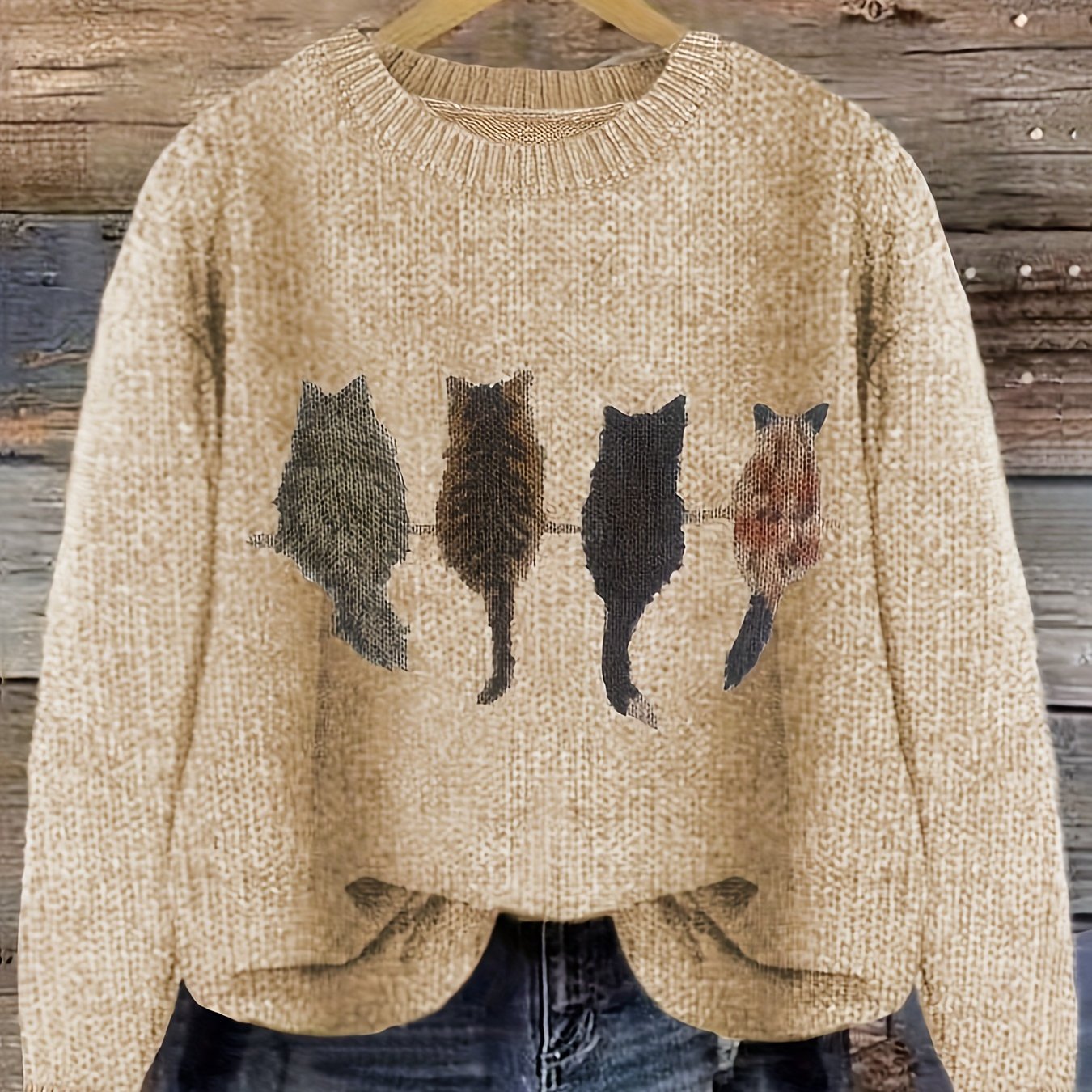 [Casual Cat Print Sweater] Color Block Cat Print Crew Neck Knit Sweater - Loose Fit Pullover - 100% Polyester - Women's Casual for Fall/Winter