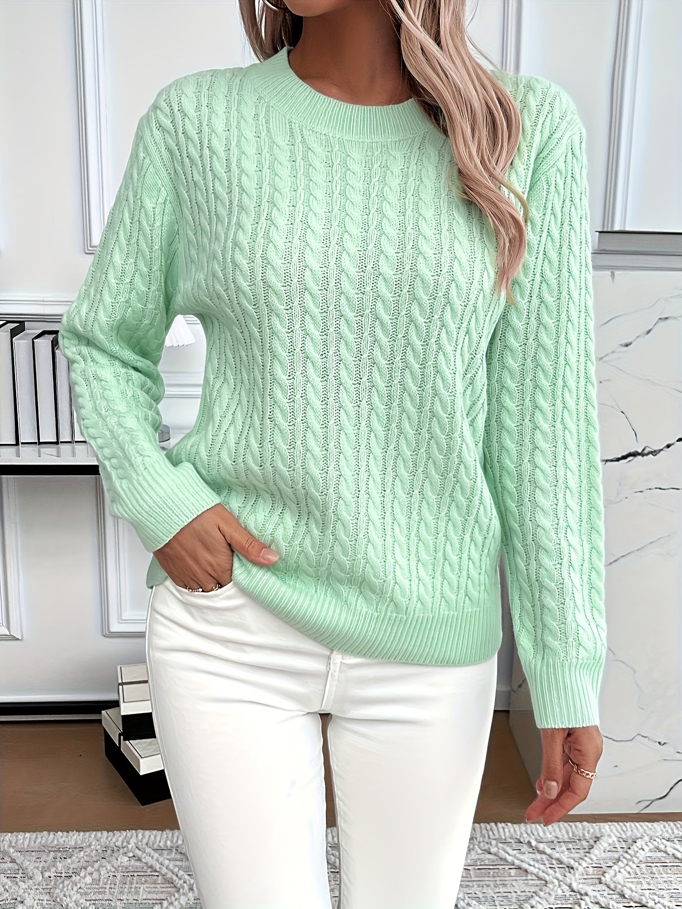 Cable Knit Crew Neck Sweater, Casual Solid Color Long Sleeve Sweater For Fall & Winter, Women's Clothing