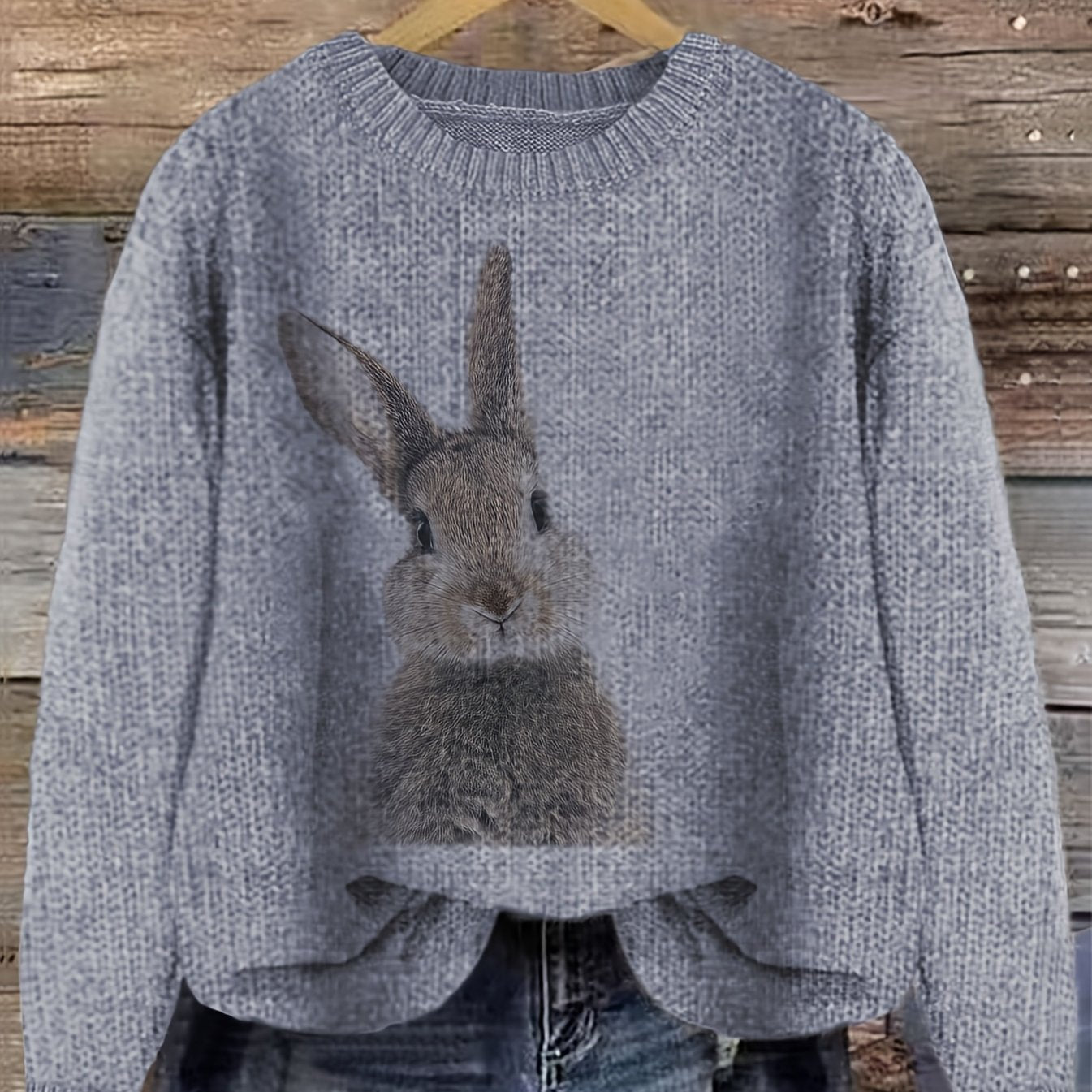 Women's Casual Rabbit Print Color-Block Round Neck Pullover Sweater - Light Blue & White Contrast, Medium Stretch Cozy Fall Winter Knit Top, Relaxed Fit Clothing | Soft Texture Apparel
