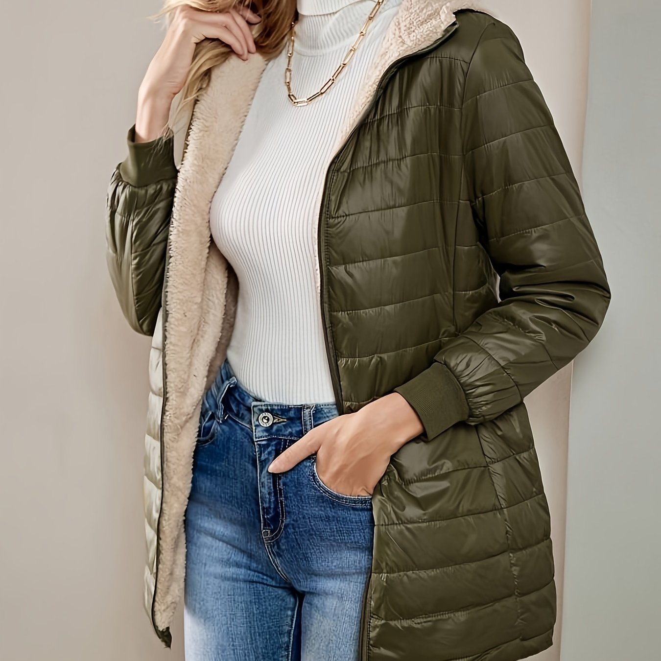 Long Sleeve Fleece Lined Zip Up Coat, Casual Fabric-padded Women's Clothing