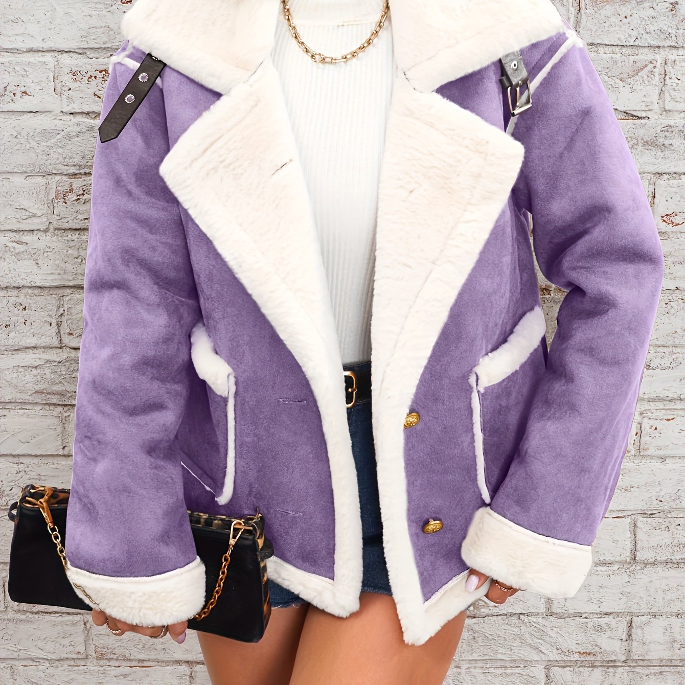 Women's Elegant Burgundy and Cream Faux Fur-Lined Winter Jacket - Chic Double-Breasted Outerwear with Pockets, Machine Washable, Lightweight Jacket