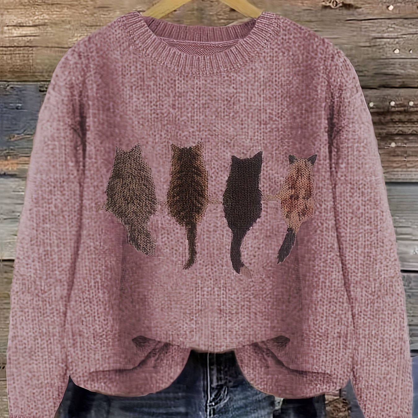 [Casual Cat Print Sweater] Color Block Cat Print Crew Neck Knit Sweater - Loose Fit Pullover - 100% Polyester - Women's Casual for Fall/Winter