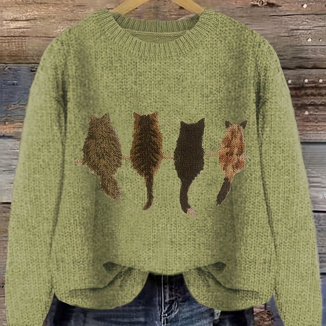 [Casual Cat Print Sweater] Color Block Cat Print Crew Neck Knit Sweater - Loose Fit Pullover - 100% Polyester - Women's Casual for Fall/Winter