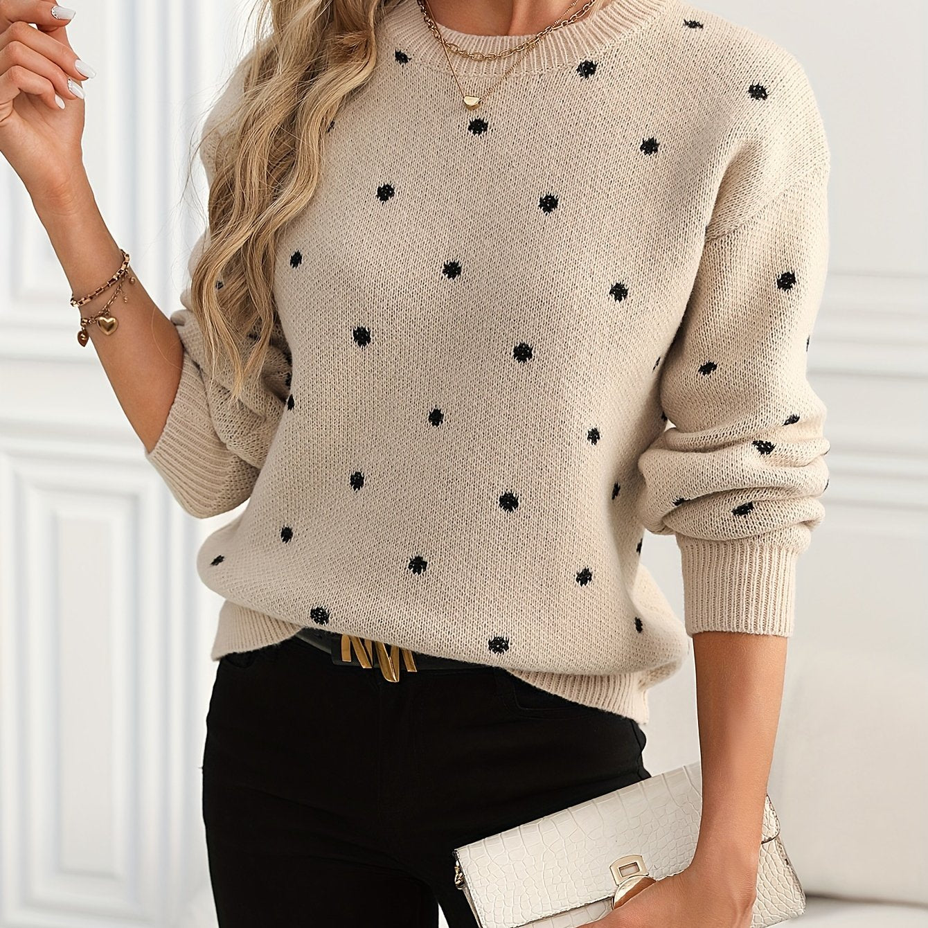 Polka Dot Pattern Knit Sweater, Casual Long Sleeve Crew Neck Sweater, Women's Clothing